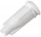 Preview: The image shows a white plastic connector. It has an elongated, cylindrical shape with a slightly tapered tip. Vertical grooves are placed on the side.