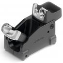 Preview: The image shows a black bracket with gray elements. It has a simple, rectangular shape with two slots for inserting devices. On one side, there is an adjustable wheel.