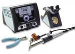 Preview: The image shows a soldering iron set. It includes a soldering iron with a cable, a soldering station with a digital display, a holder for the soldering iron, and a pair of tweezers.
