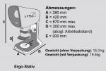 Preview: The image displays the technical dimensions of an Ergo stand with specific measurements (A to E) and weight details. It is schematic and includes clear labels for each measurement.