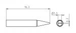 Preview: The image displays a technical drawing of a pen. It is 16.3 mm long, with a tip and a diameter of 1.3 mm. A top view shows the round opening with a depth of 0.3 mm.