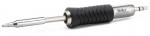 Preview: The image shows a soldering iron with a metallic, shiny heating body and a black, rubberized handle with grooves for better grip. The iron has a pointed metal tip.