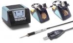 Preview: The image displays a soldering station set. It includes a digital controller with buttons, two soldering iron stands, a soldering iron with a handle, and a connection plug. The devices are in blue and black.