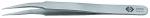 Preview: The image shows a straight, metallic tweezer. It has two pointed ends that slightly bend, and a flat handle. On the side, a number and a logo are embossed.