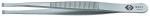 Preview: The image shows a fine, silver metal tweezer. It has a slightly curved shape and a ribbed gripping area for better hold. The back side is smooth.