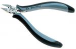 Preview: Das Bild zeigt eine kleine Zange mit metallischen Klingen und ergonomischen, rutschfesten Griffen in Schwarz und Blau. Sie ist für präzise Schneidarbeiten konzipiert.