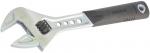 Preview: The image shows an adjustable wrench. It has a silver head with two jaws and a black, rubberized handle for better grip.