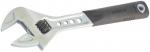Preview: The image shows an adjustable wrench. It has a metallic head with two gripping jaws and a black, non-slip handle. The wrench is sturdy and ergonomically designed.
