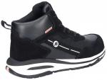 Preview: Der Schuh ist ein schwarzer High-Top-Sneaker. Er besteht aus Leder und Wildleder, hat eine weiße Sohle mit schwarzer Gummisohle sowie einige orangefarbene Akzente. Robust und sportlich.