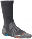 Preview: Das Bild zeigt eine graue Socke. Sie hat einen gerippten oberen Teil und an der Fußsohle eine verstärkte Struktur. Farbige Akzente in Blau und Orange sind sichtbar.