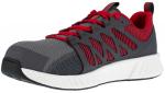 Preview: Der Schuh ist sportlich mit einer grauen Mesh-Oberfläche und roten Akzenten. Er hat eine breite, weiße Sohle und rote Schnürsenkel, die gut sichtbar sind.