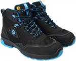 Preview: The image shows a pair of hiking boots. They are predominantly black with blue accents. The shoes feature a higher design, a textured surface, and striking laces.