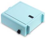 Preview: The image shows a square, flat box in a light blue shade. It has a smooth surface, a lid, and a small latch on the side.