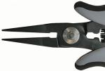Preview: The image shows a pair of pliers with narrow, pointed jaws. The handle is ergonomically designed and has gray rubber surfaces. A metal axis is visible in the center.