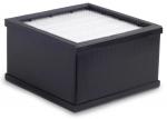 Preview: The image shows a square, black box with a textured, transparent top. The surface features a pattern of small, round holes. The box appears sturdy and compact.