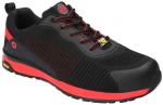 Preview: Der Schuh ist schwarz mit roten Akzenten. Er hat ein sportliches Design, eine atmungsaktive Oberfläche und eine rutschfeste, gepolsterte Sohle. Die Schnürsenkel sind ebenfalls rot.