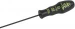 Preview: The image shows a screwdriver with a black, ergonomic handle. The handle has a yellow inscription and a slim metal blade that is straight and long.