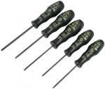 Preview: In the picture, there are five black screwdrivers with ergonomic handles. Each screwdriver has a different length and is labeled with greenish writing.