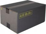 Preview: The image shows a large, dark cardboard box. It has a matte surface and is sealed with sturdy, gray duct tape. Yellow notices are printed on the side.