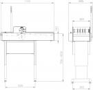 Preview: The image shows a technical blueprint of a device. It features a rectangular tabletop with rounded edges, four legs, and various height measurements. On one side, there is a control unit.