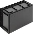 Preview: The image shows a black, rectangular plastic box with a sturdy, grooved lid. The box has a flat bottom and edges for better handling.