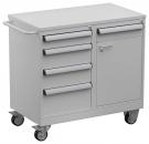 Preview: The tool cart is gray and has a flat top. It features four drawers and a door compartment on the left side. Casters allow for easy movement. A side handle is present.