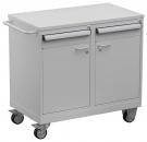 Preview: This is a gray trolley with a smooth top. It has two drawers with silver handles and two doors below. The casters are designed for mobility.