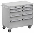 Preview: The image shows a gray tool cart with two rows of drawers and a flat countertop on top. It has wheels for mobility and a handle on the side.