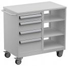 Preview: The image shows a white rolling cabinet with a smooth top, four drawers on the left side, and an open shelf on the right. It has wheels and a handle for pushing.