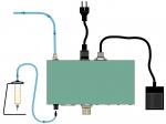 Preview: The image shows a device with a rectangular casing. Above are various cables, including a power plug. On the side, there is a hose and a syringe. The front features buttons and lights.