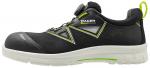Preview: The shoe is black with bright green accents. It has a sporty design, a closed toe area, and a bright, non-slip sole. The closure is via a twist system.