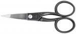 Preview: The image shows a pair of scissors with black plastic handles and a shiny, pointed blade. The handles are round in shape and symmetrical. The scissors appear sharp and functional.