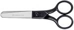 Preview: The image displays a pair of scissors with a shiny, narrow blade and black, round handles. The blade features a distinctive manufacturer's imprint.