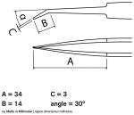 Preview: The image shows a technical drawing of a tool, likely a pair of pliers or tweezers, with dimensions in millimeters. The lengths A, B, and C, as well as an angle, are indicated.