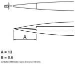 Preview: Das Bild zeigt technische Zeichnungen mit zwei verschiedenen Maßen. Oben ist ein spitz zulaufendes Element mit der Breite B = 0,6 mm, unten eine Ansicht mit der Länge A = 13 mm.