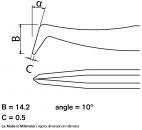 Preview: The image displays technical drawings of an object with dimensions. It includes lines depicting a sharp part, as well as measurements for B (14.2 mm) and C (0.5 mm). The angle is 10°.