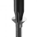Preview: The image shows a screw head with a black, round part on top. Below it is a wider, flat metal surface. The screw has a threaded structure.