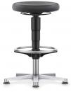 Preview: The image displays an adjustable bar stool with a round, black seat and a chrome foot ring. The base has five silver legs and is height-adjustable.