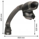 Preview: The image displays a black hand scanner with a flexible arm. The arm measures 605 mm in height and 454 mm in width. The scanner features an opening at the top through which scanning occurs.