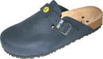 Preview: Der Schuh ist ein blauer Clog mit einer geraden Form. Er hat einen breiten, offenen Fußbereich und einen Riemen mit einer silbernen Schnalle. Die Sohle ist dick und rutschfest, innen ist er bequem gepolstert.