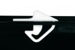 Preview: The image shows a white plastic cap positioned on a black part. The cap has a curved shape with a hook and a flat, pointed side.