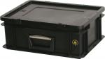 Preview: The image shows a rectangular, black plastic box without a lid. It has a flat top, two side handles, and a sturdy, stable structure.