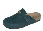 Preview: Ein dunkelgrüner Clog mit perforierter Oberfläche. Er hat einen verstellbaren Riemen aus Metall und eine helle, leicht gepolsterte Innensohle. Die Sohle ist rutschfest und robust.