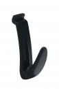 Preview: The image shows a simple, black plastic coat hook. It has a flat upper mount and a downward curved, wide hanger.