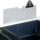 Preview: The image shows a transparent plastic divider attached to a black holder. It has a notch at the top and is used for organizing or marking areas.