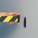 Preview: A hand holds a yellow-black barrier tape attached to a wall. Next to it is a bracket to secure the tape. The background is gray.