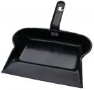 Preview: The image shows a black dustpan. It has a wide, flat pan with rounded corners and a long handle that features a hook for hanging.