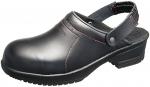 Preview: The image shows a black clog shoe with a closed front and an adjustable strap at the back. The surface is smooth, and the sole is slightly textured for better grip.