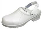 Preview: The image shows a white clog shoe. It has a wide, rounded front edge, is closed, and features a heel strap. The sole is slightly textured for better grip.