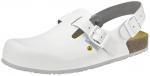 Preview: The image shows a white clog shoe. It has a closed front, a non-slip rubber sole, and a heel with a strap. The shoe appears comfortable and practical.